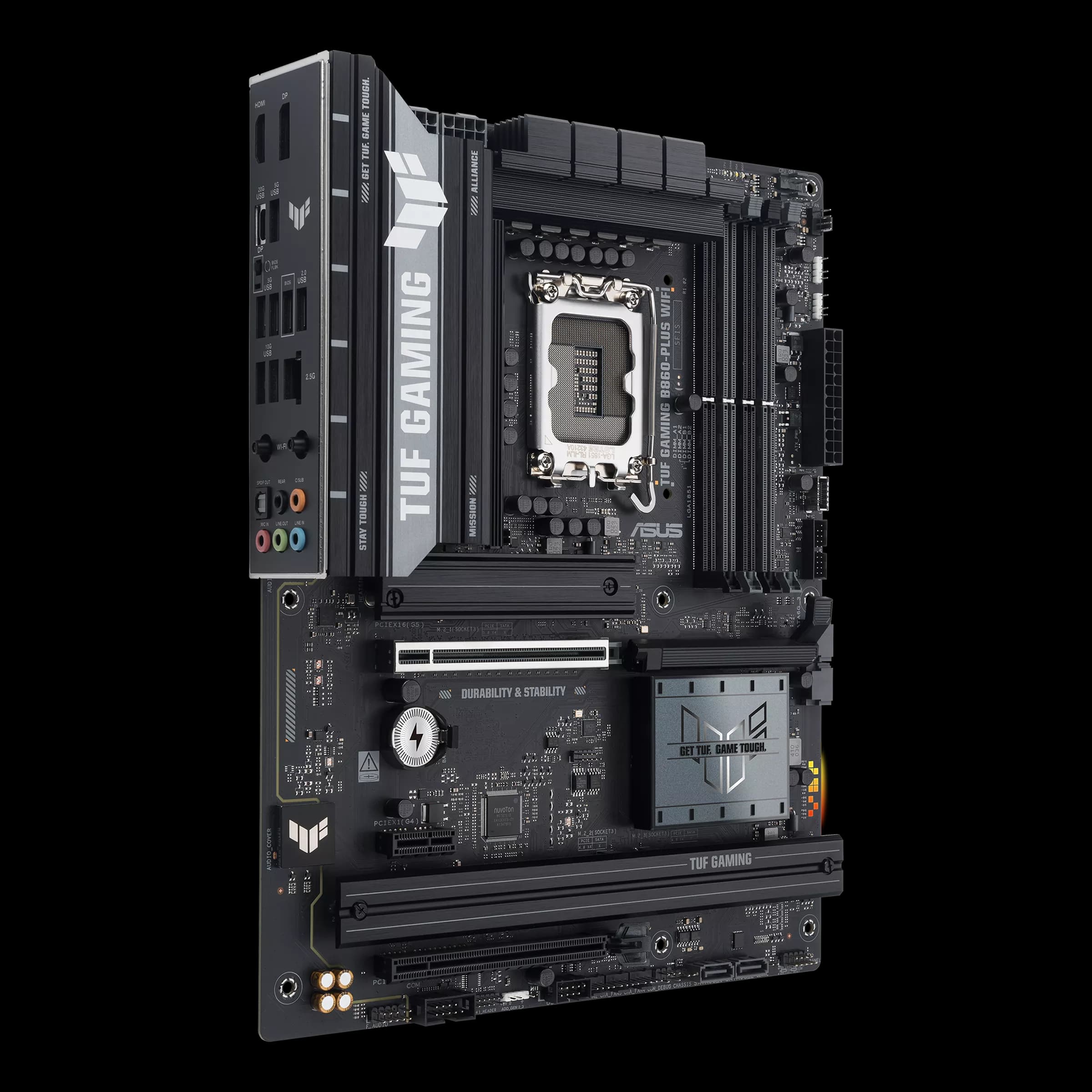 ASUS TUF GAMING B860-PLUS WIFI – Side Angle with I/O Ports مادربرد ASUS TUF GAMING B860-PLUS WIFI از زاویه کناری با پنل I/O